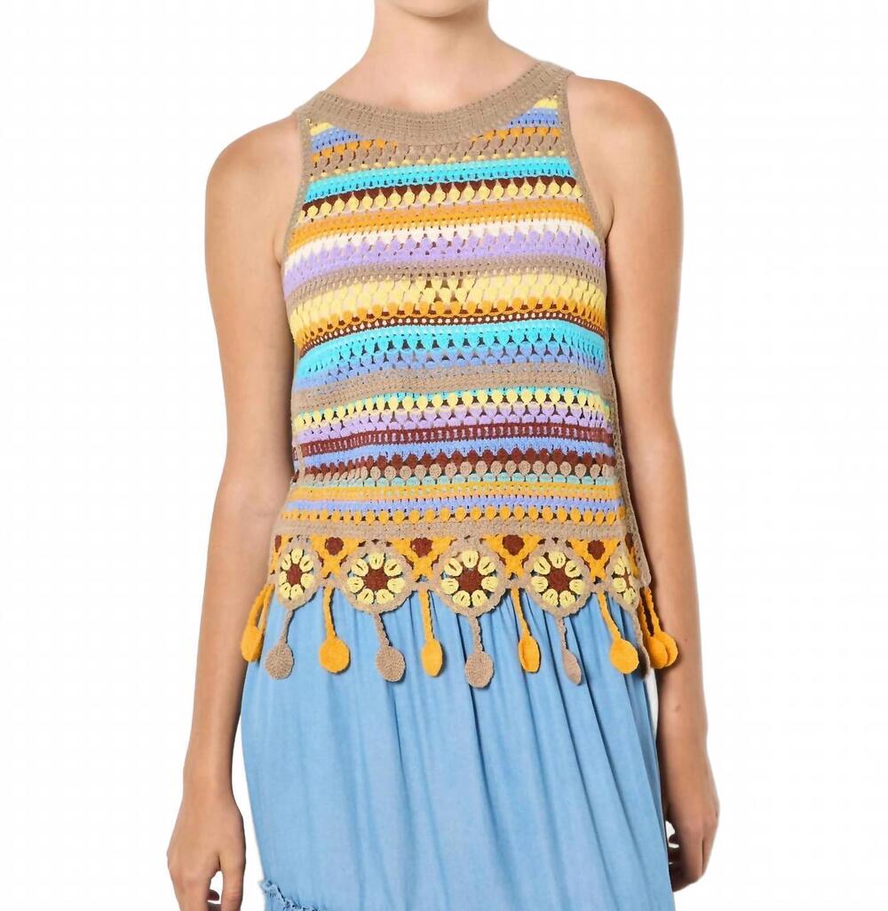 NEW APRICOT tassel crochet top in brown multi
